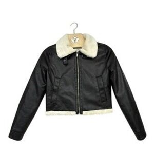 Hollister XS Black Faux‎ Leather Aviator Bomber Jacket Faux Fur Collar